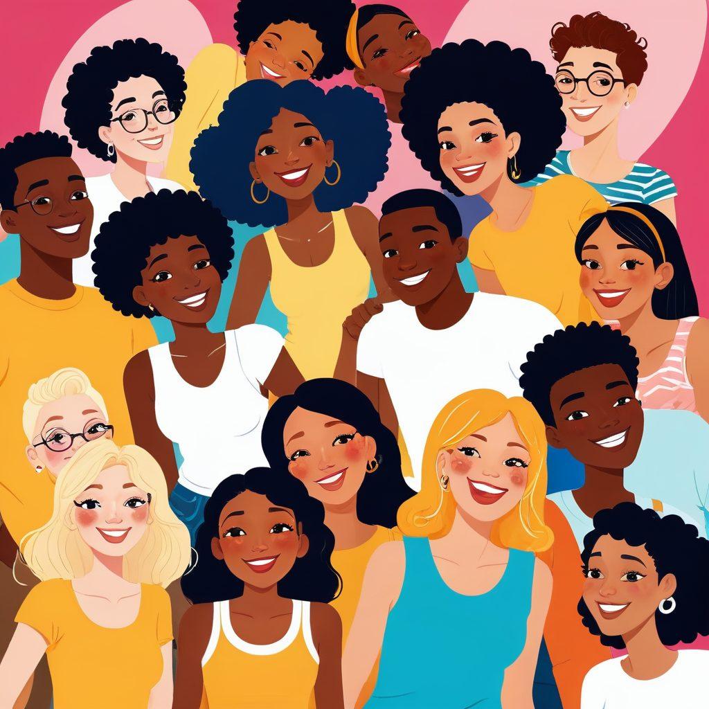 A vibrant and dynamic illustration featuring diverse characters engaging in playful and flirtatious interactions, showcasing various skin tones and styles. The background should subtly blend elements of cartoonish eroticism and artistic freedom, with bold colors and whimsical designs. Emphasize unity and acceptance through body language and expressions, celebrating love in all its forms. The overall atmosphere should be lively and inviting, encouraging exploration and curiosity. cartoon style. vibrant colors. playful composition.