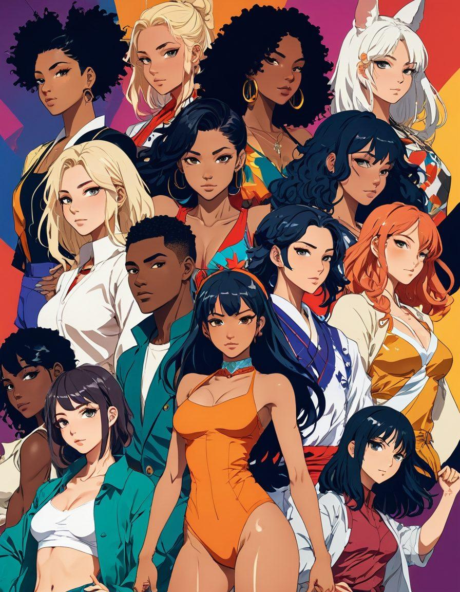 A vibrant collage showcasing various characters from multicultural hentai and interracial erotica, highlighting diverse skin tones and styles. Include dynamic poses, expressive faces, and an array of culturally inspired outfits. The background should feature abstract elements symbolizing diversity and creativity. Create a sense of movement and excitement in the composition. bold colors, anime style, modern art.